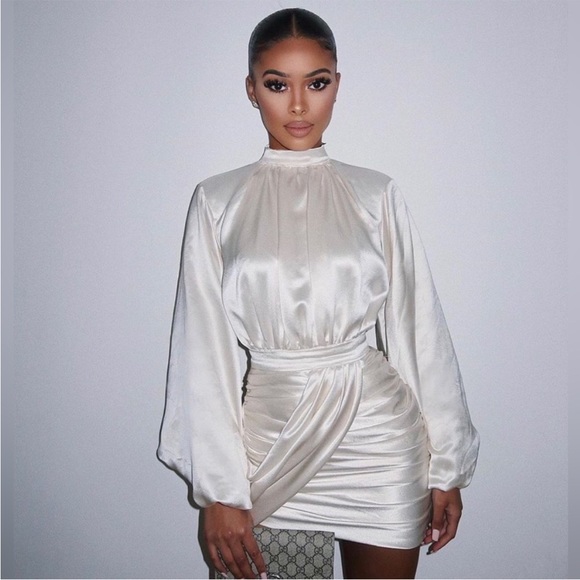 HOUSE OF CB 'Khristen' Ivory Satin Blouson Dress NWOT - Picture 3 of 12